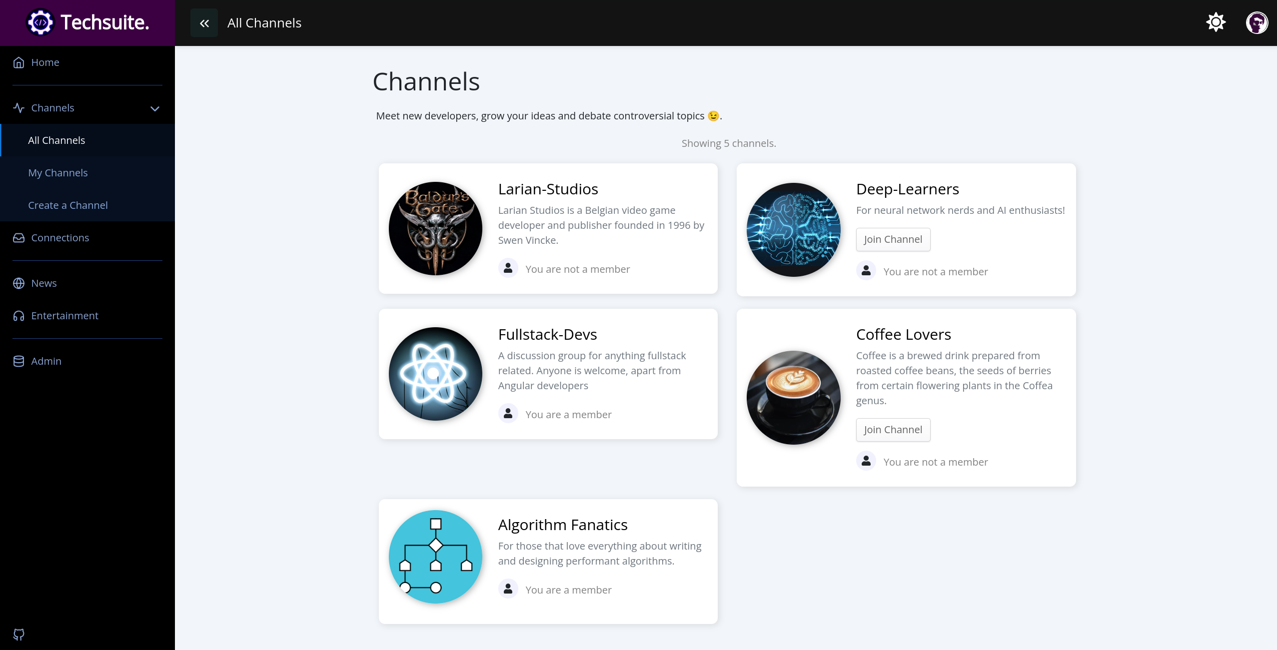 Channel index page.